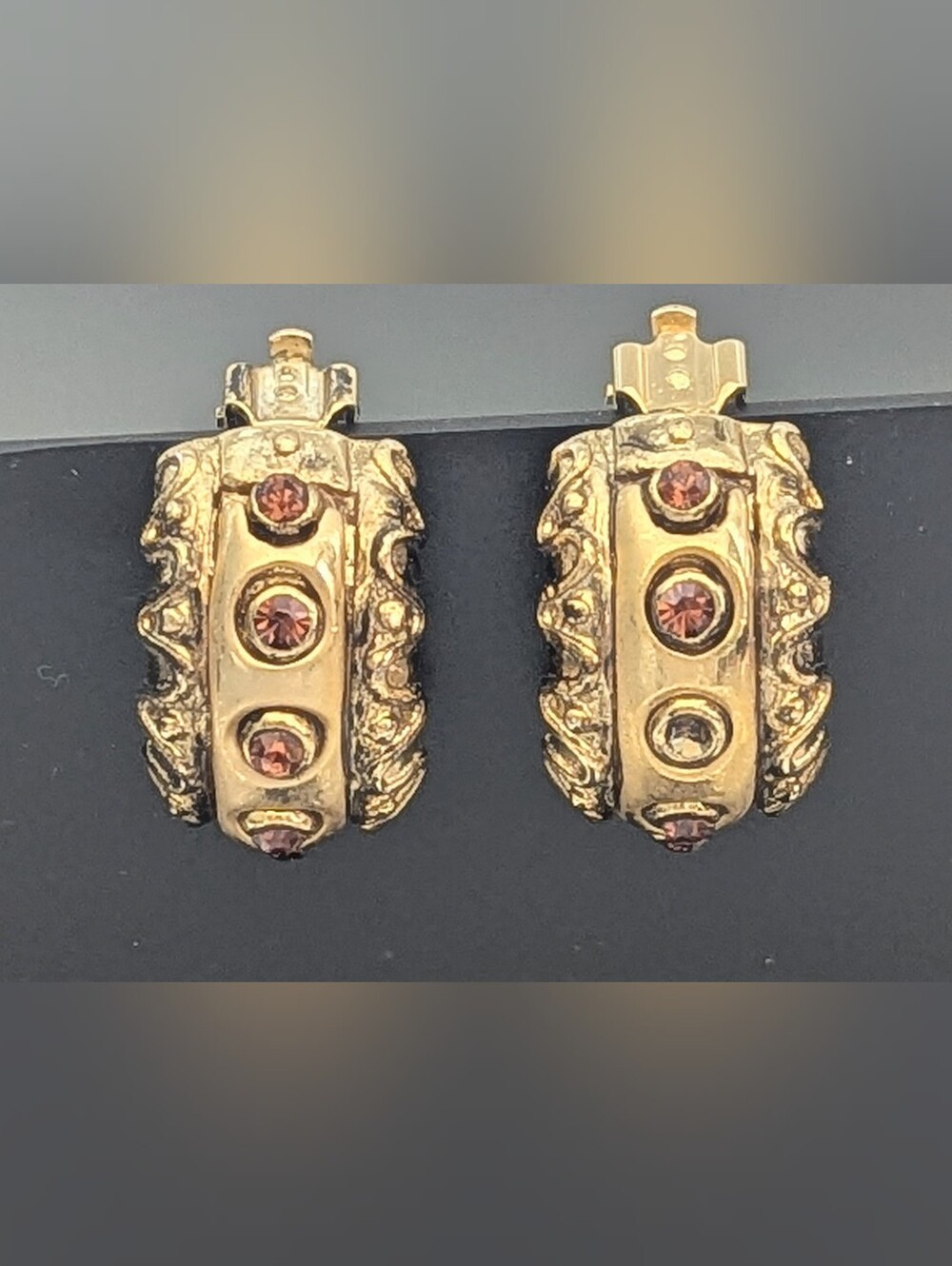 Chunky Gold-Tone Hoop Clip-On Textured Earrings with Orange Rhinestone Accents